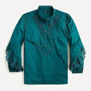NWT J.Crew Ruffle-Sleeve Embroidered Top Teal Small